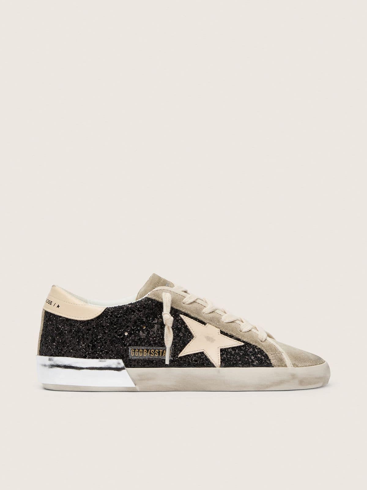 Super-Star in black glitter with cream star and suede inserts