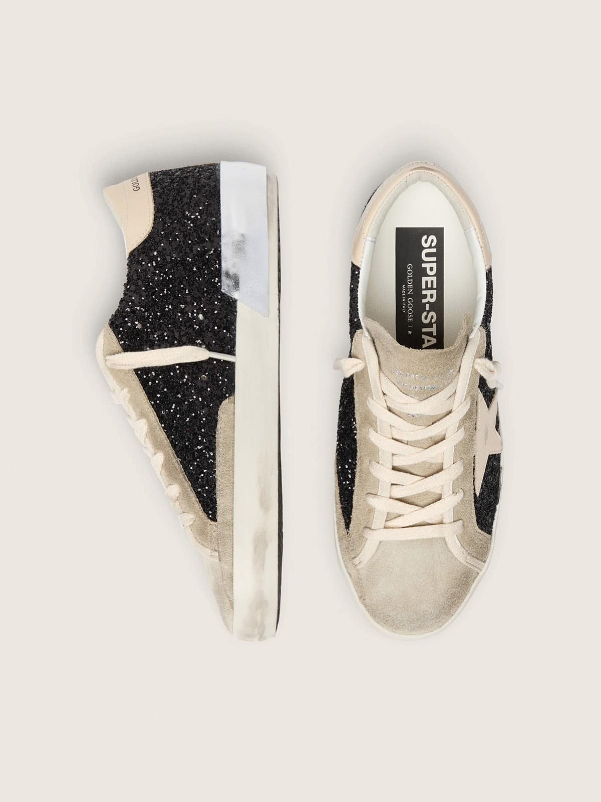 Super-Star in black glitter with cream star and suede inserts