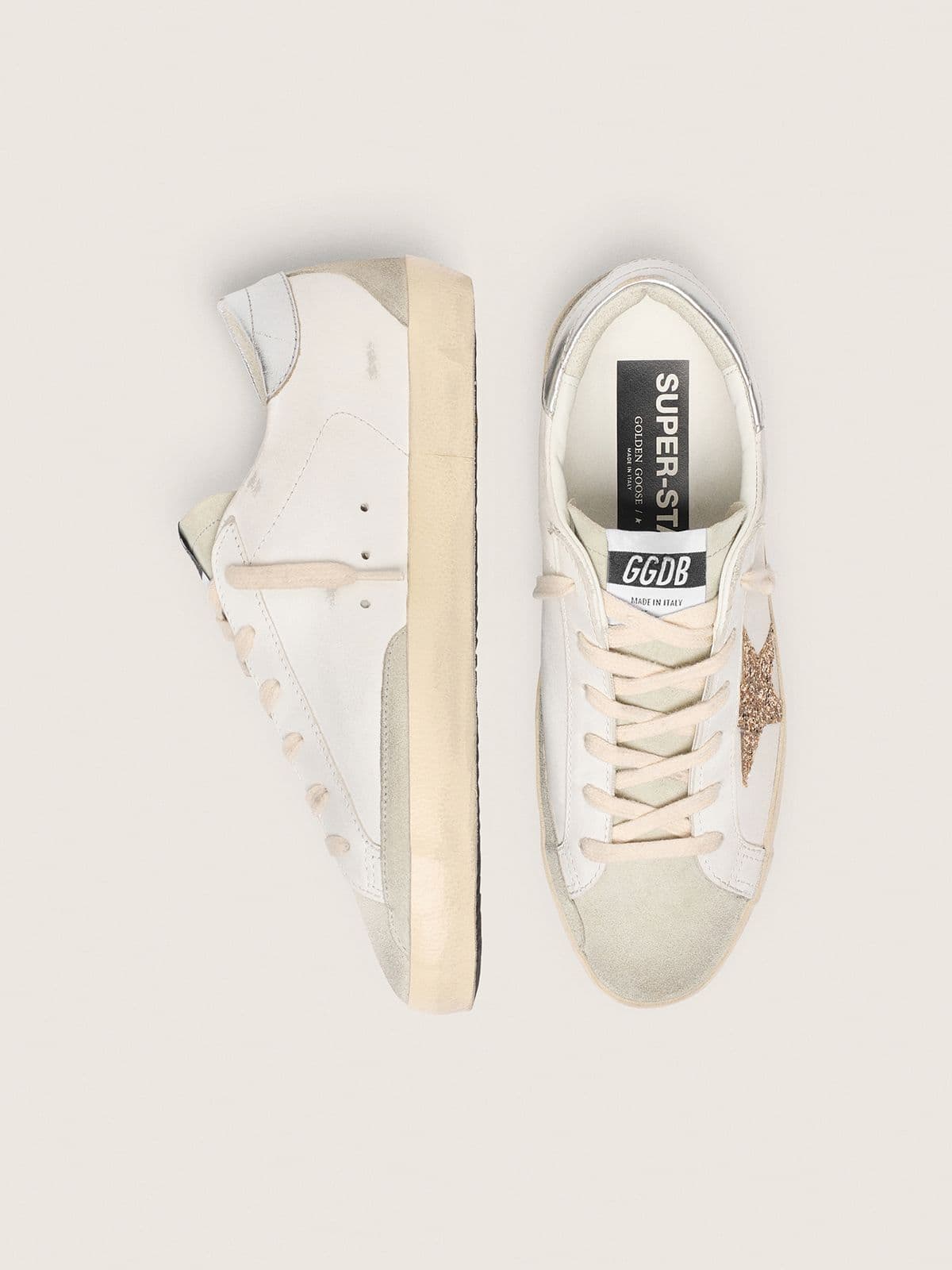 Super-Star with gold glitter star and ice-gray suede inserts