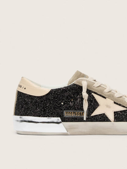 Super-Star in black glitter with cream star and suede inserts
