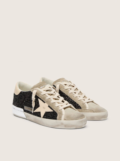 Super-Star in black glitter with cream star and suede inserts